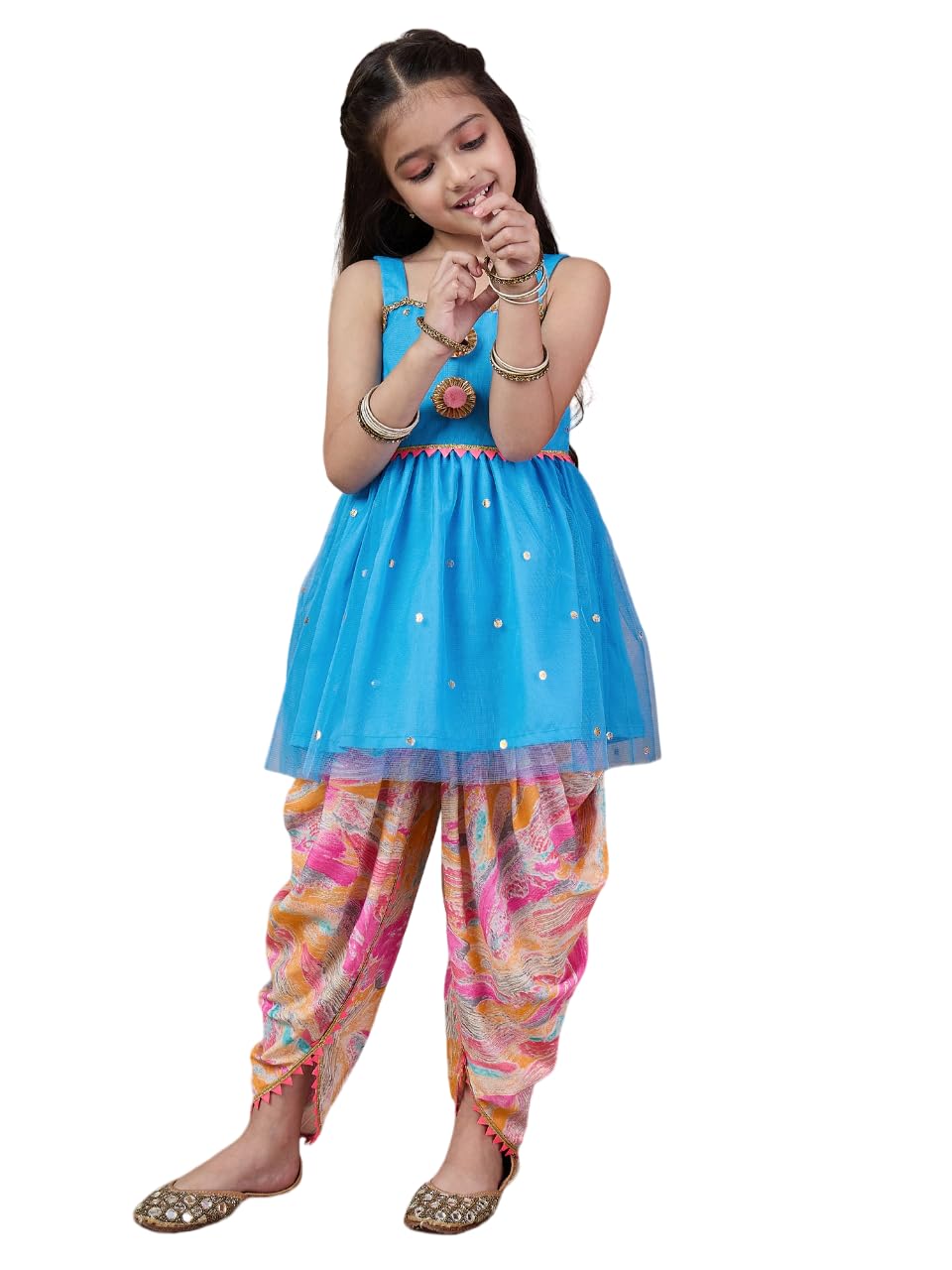 Pspeaches Girl's Net Dhoti Set (Dh-Bluefoiltikli-8-10Y_Blue