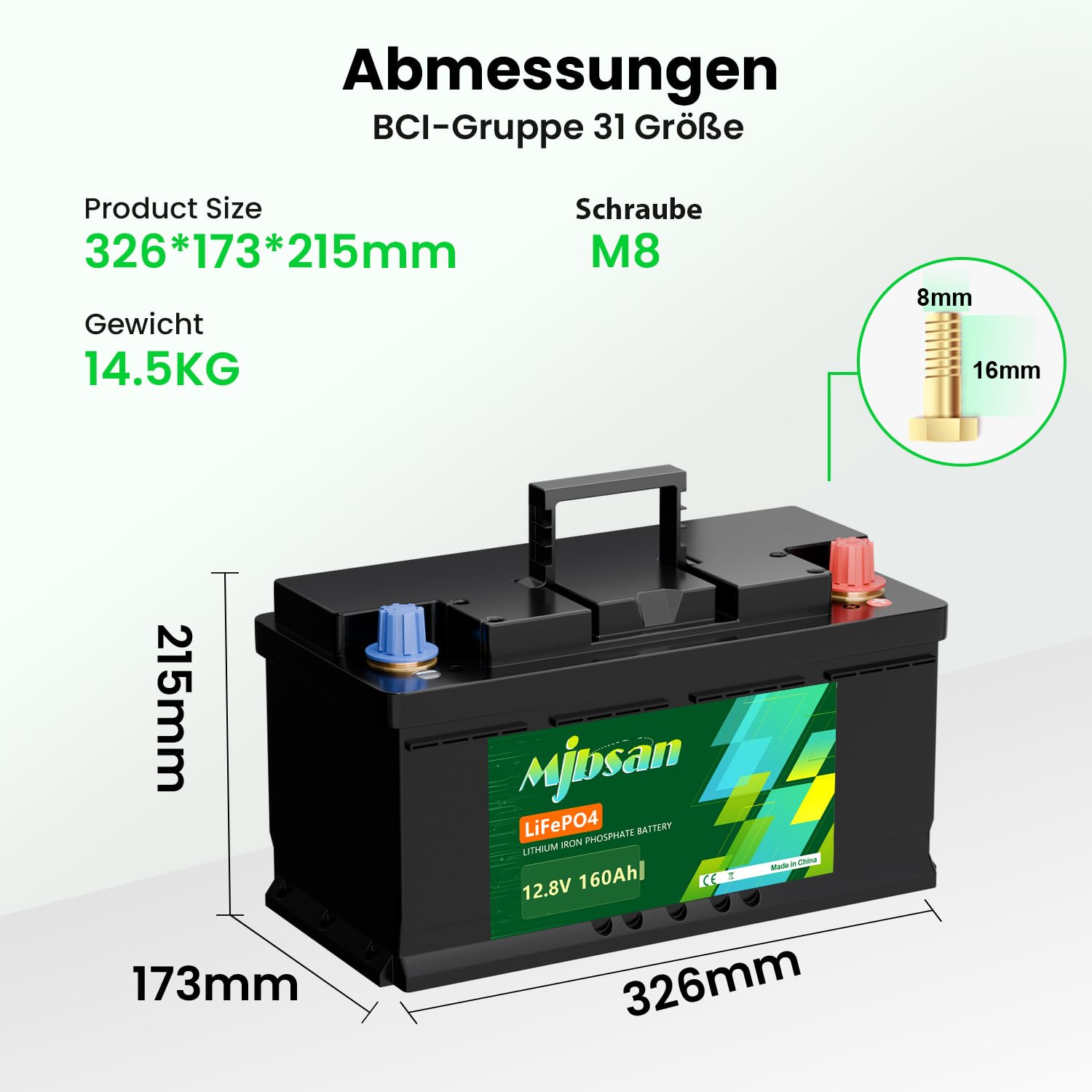 Mjbsan 12 V 160 Ah akumulator Deep Cycle LiFePO4 z BMS 150 A, 4000-15000 cykli, maks. 2048 Wh energii z funkcją ochrony przed niską temperaturą, idealny zamiennik dla akumulatorów kwasowo-ołowiowych
