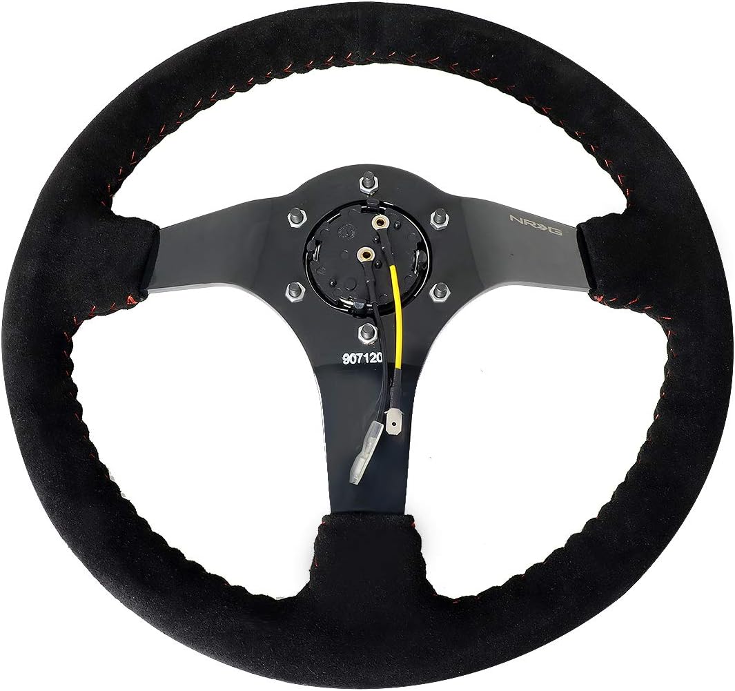 NRG Innovations RST-036BK-S Race Style 350mm Sport Steering Wheel (3' deep) Black Suede with Red Baseball Stitching Black spoke