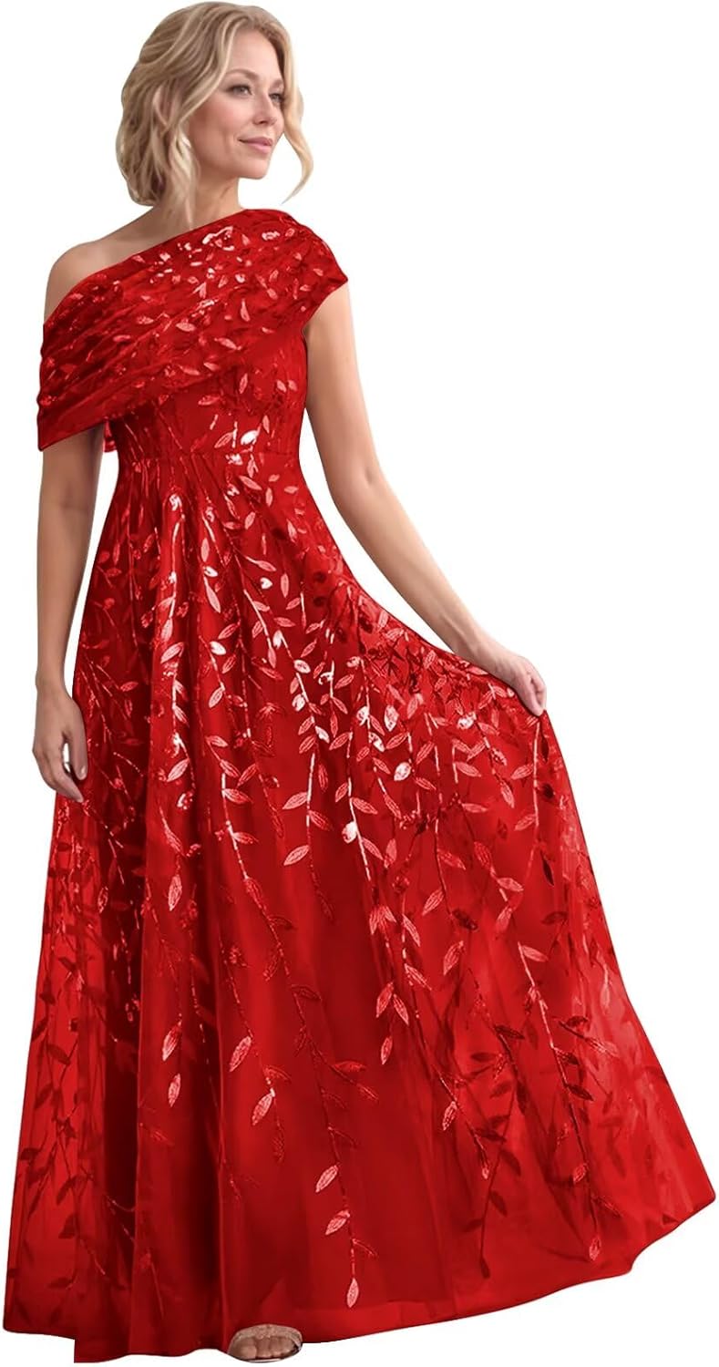 One Shoulder Sequin Mother of The Bride Dresses for Women Tulle Formal Evening Formal Prom Dress