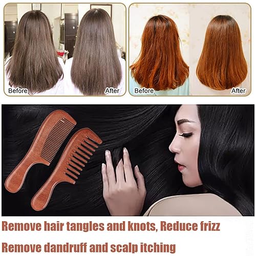 Miniatura 4 de Juego de 2 peines de madera para el cabello, peine de dientes anchos y peine de dientes finos para mujeres, hombres y niños, peine desenredante