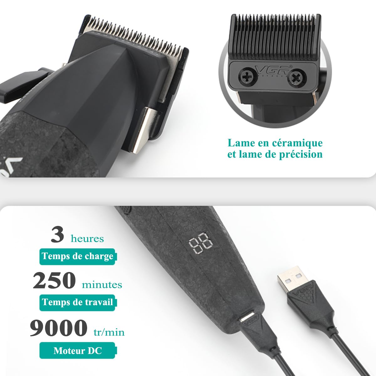 VGR 640 Tondeuse à cheveux Professionnelle Pour Hommes Avec Écran LED | Ensemble Tondeuse Et Trimmer Sans Fil, Kit De Coupe Zero Gap T-Blade, Lame En Céramique DLC, Kit Cadeau Premium