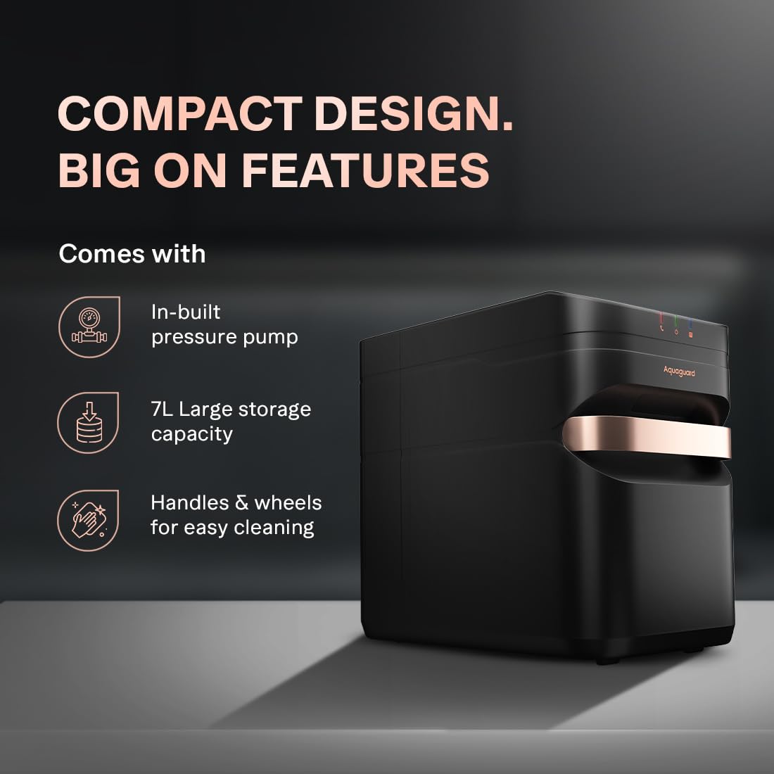 Close-up of Aquaguard Aspire Designo UTC UV+UF 2X highlighting compact design, in-built pressure pump, 7L storage, and handles with wheels