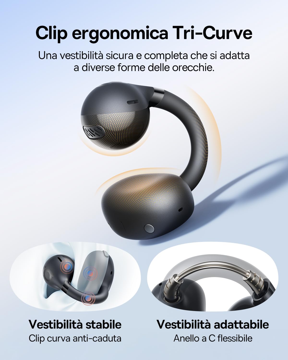 Baseus BC1 Auricolari a Orecchio Aperto, Clip per Orecchie, Suono Straordinario, Basso Adattivo, Bluetooth 6.0, Riduzione Rumore in Chiamata, IP55, 38H di Autonomia, Leggeri - Nero Interstellare