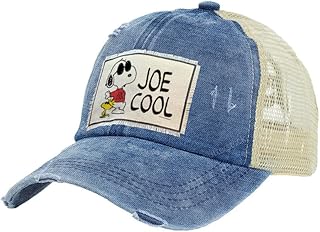 BRIEF INSANITY Snoopy Joe Cool Vintage Distressed Trucker Hat - Peanuts Character Blue Snapback Hat | Unisex Adult Trucker Cap