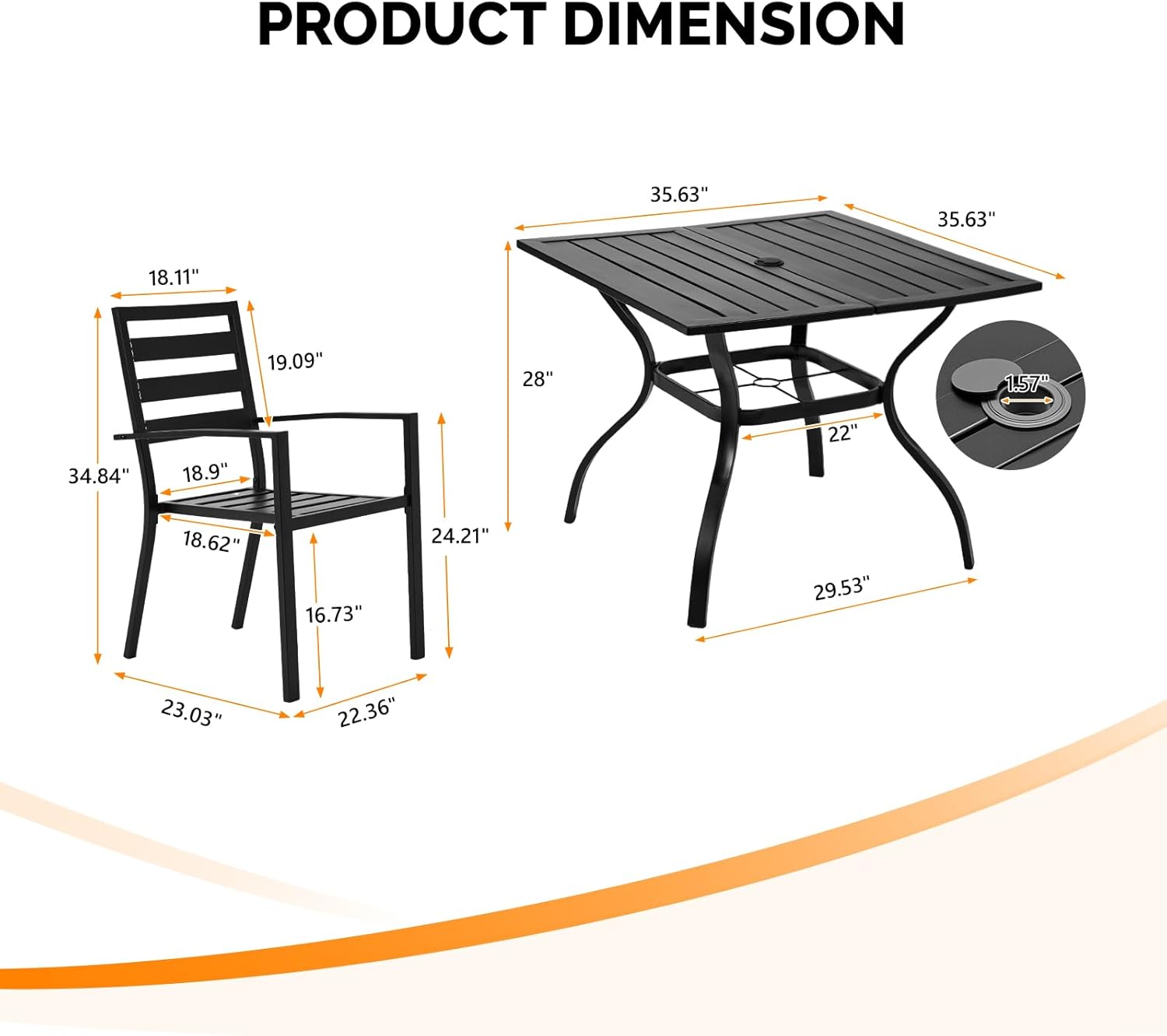 VINGLI 5-Piece Outdoor Dining Set, Metal Patio Dining Set for 4, Square Dining Table with Umbrella Hole & 4 Patio Chairs for Porch, Balcony and Backyard