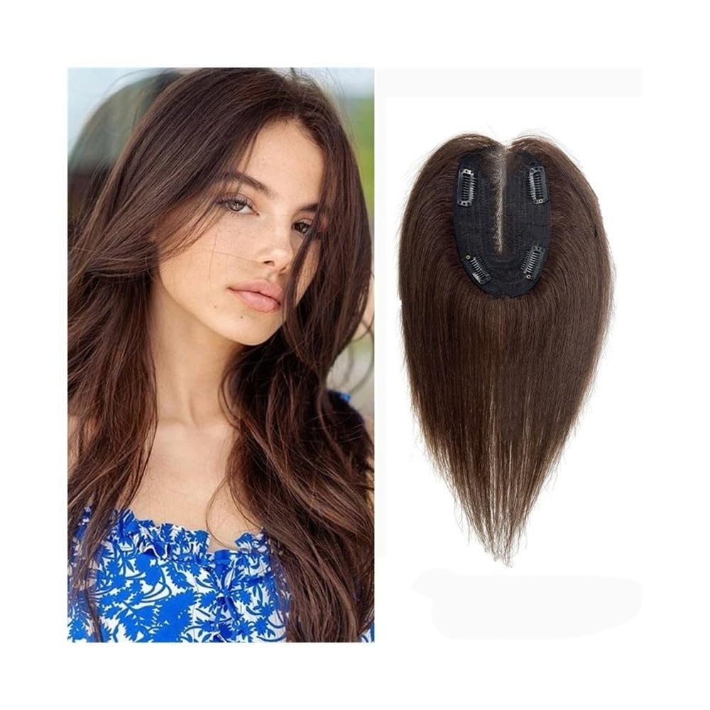 Flequillo Postizo Pelo Natural Topper de cabello humano de 10 pulgadas con flequillo, 9 × 14 CM Base de encaje suizo transpirable Piezas de cabello Remy rectas con flequillo Clip en adornos de cabello