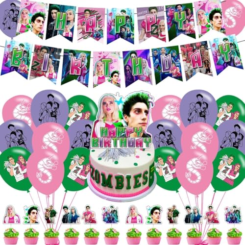 Zombies Party Decorations Horror Birthday Party Supplies Includes Banner- Cake Topper - 24 Cupcake Toppers - 18 Balloons