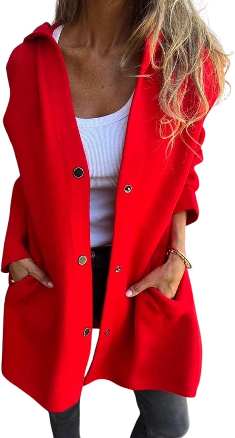 BIVENANT Women's Winter Casual Lapel Collared Single Hooded Breasted Wool Pea Coat Elegant Coat with Pockets