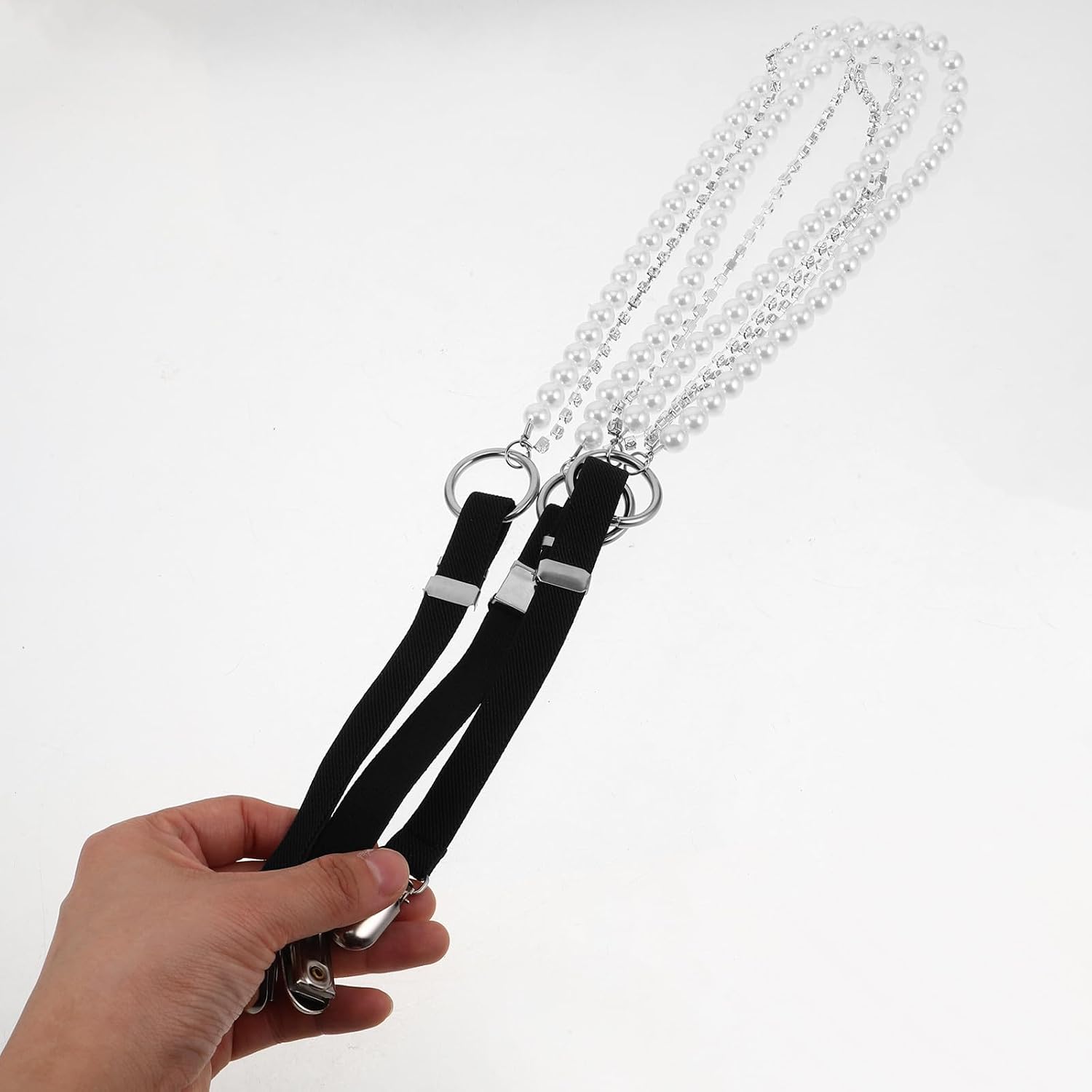 Women’s Black Elastic Back Suspenders with Pearl and Rhinestone Chain, Triple-clasp Design for Secure Hold and Comfortable Fit, Adjustable Y-shape Suspenders for Daily Wear