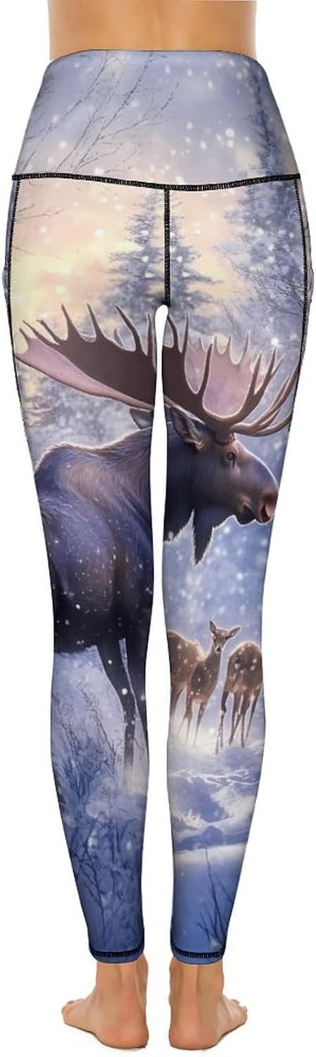 Moose Deer Wildlife Snowy Forests Mountain Printed Yoga Leggings High Waisted Soft Stretchy Workout Pants for Women X-Large