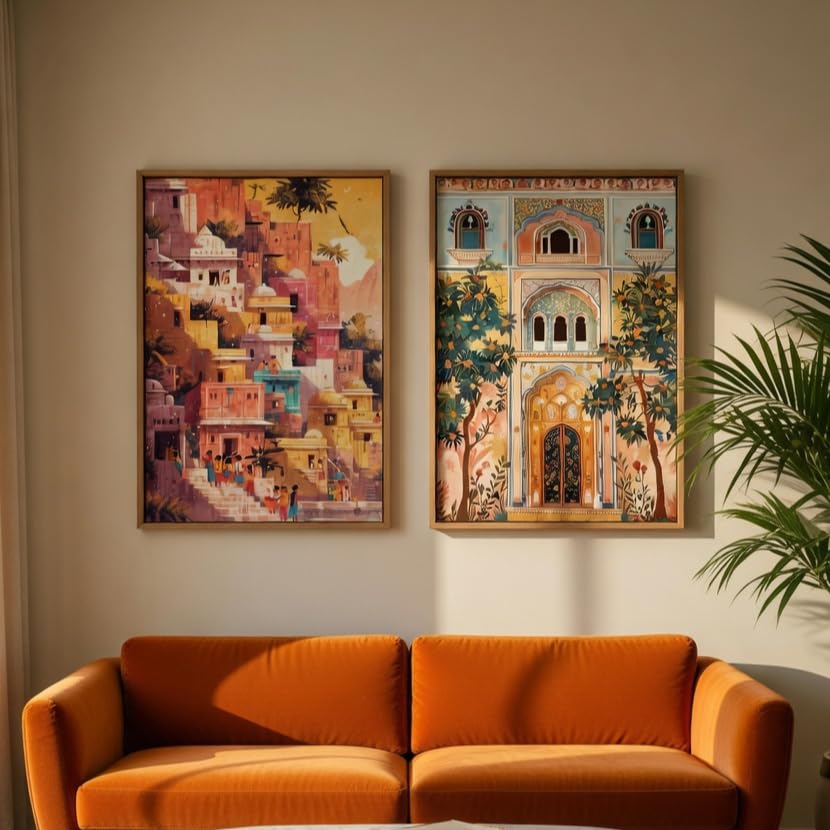 Image of Livin'luxe Indian Palace Architecture Wall Painting Set of 2 with Wooden Frames | Vintage Cityscape & Heritage Haveli Artwork HD Sparkle Laminated MDF Wall Decor for Living Room Bedroom Hallway