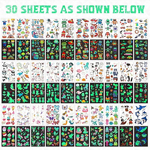 Sinmoe 400 Pieces Glow Temporary Tattoos For Kids Waterproof Luminous Tattoo Sticker Glow Mixed Style Cartoon Tattoo, Unicorn Dinosaur Mermaid Animal Fake Tattoo Stickers Party Supplies, 30 Sheets #TOP1