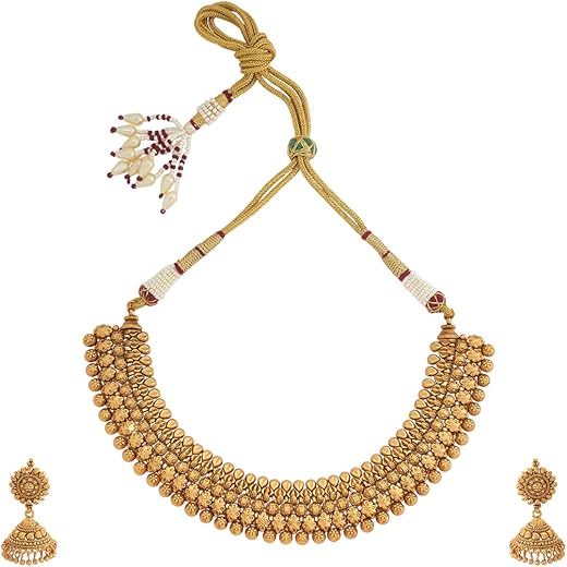 KUSHAL'S Fashion Jewellery Gold Polished Antique Short Necklace With Push Back Jhumkas and Adjustable Thread for Bridesmai...
