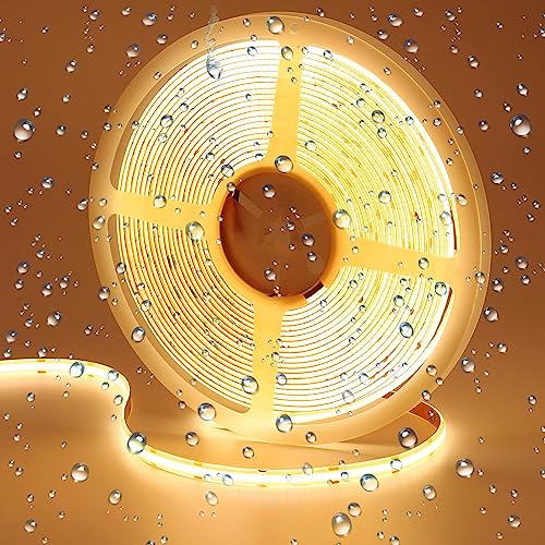 GOMING 24V 10M COB LED Streifen Warmweiss 3000K Wasserdicht IP65 LED Strip 384LED/M Warmweiß LED Band Selbstklebend CRI 93+ Hohe Helligkeit 6800lm Lichtband für Heim Deko(Netzteil nicht Enthalten)