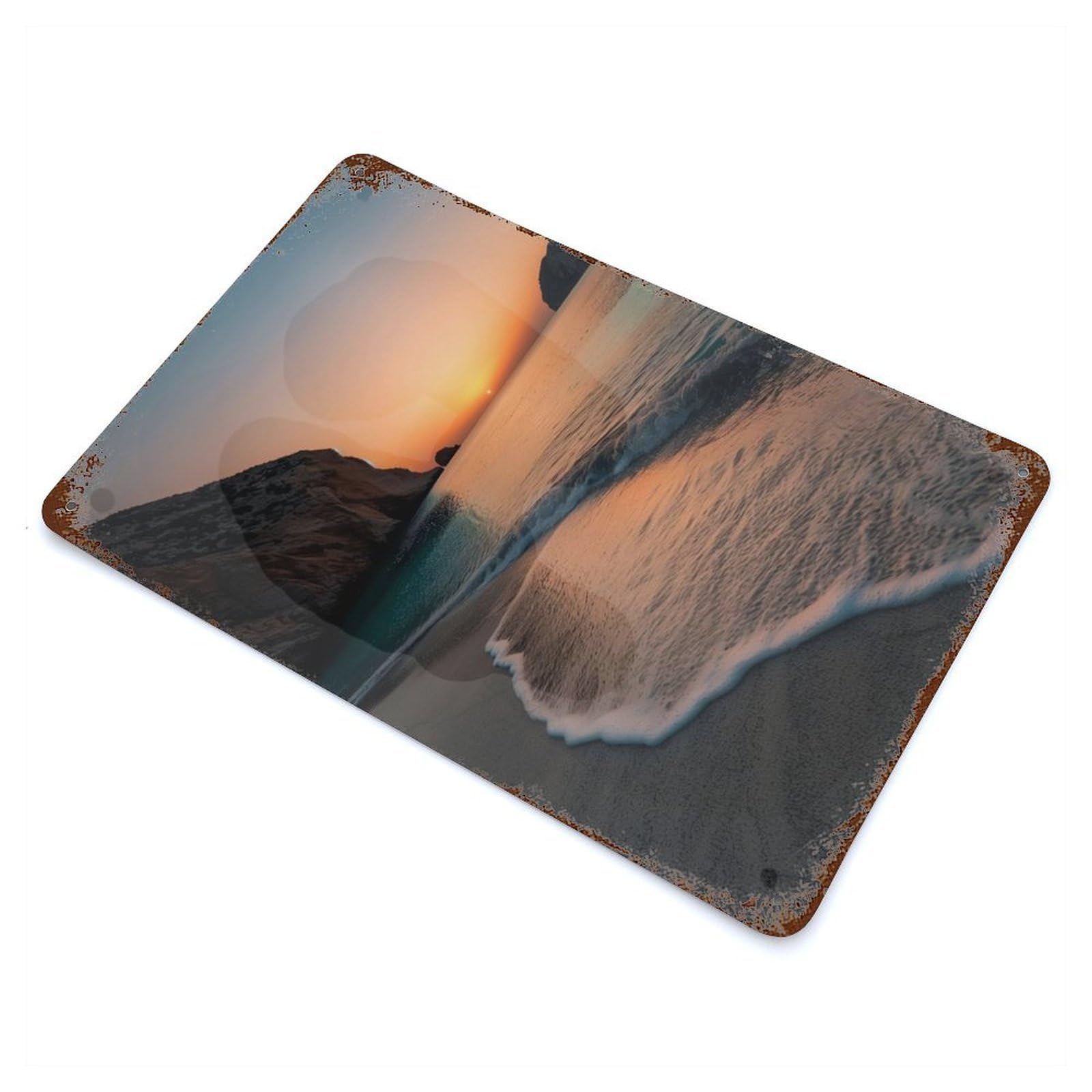 Weathered Tin Sign with Twilight Waves Caress Design 11.8"x7.9", for Basement, Hobby Room And Garage Decor, Industrial Home Decor