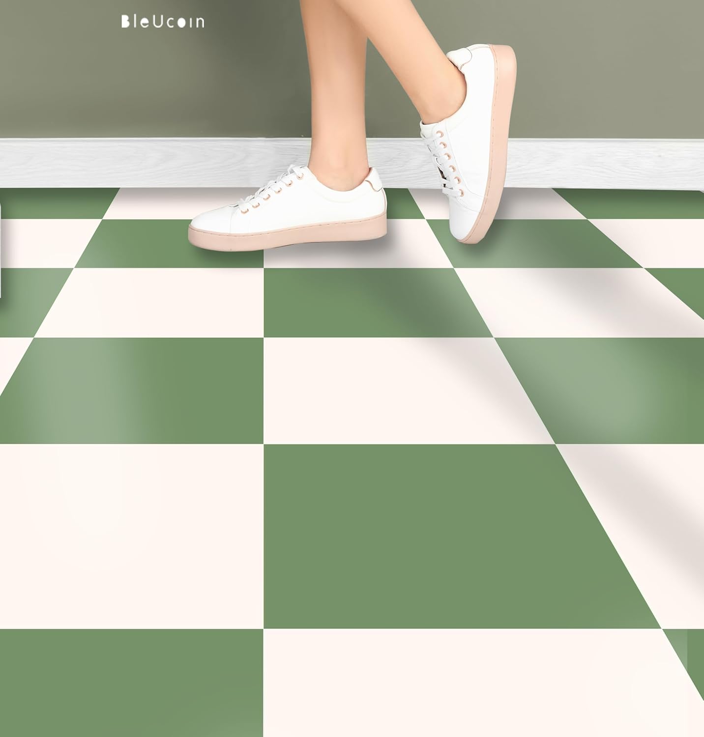 Checker Bleucoin Peel and Stick Floor Tiles Anti-Slip Vinyl Decals for Home, Kitchen, Bathroom Water Resistant DIY Renter-Friendly Flooring Solution- (11 3/4" x 11 3/4" (12 pcs), Sage & Off White)