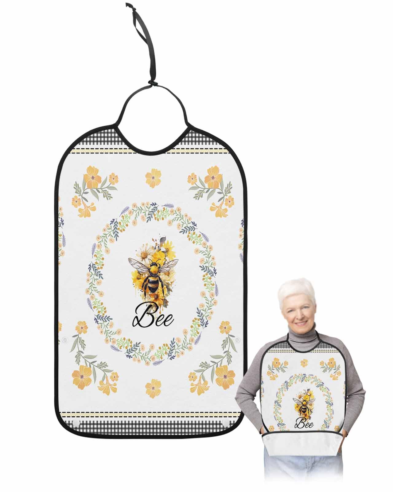 LEOKOTI Summer Bee Adult Bibs for Eating, Waterproof Bibs with Food Catcher & Adjustable Snap Closure, Watercolor Botanical Floral Black Plaid Washable Clothing Protectors Adult Bibs for Elderly