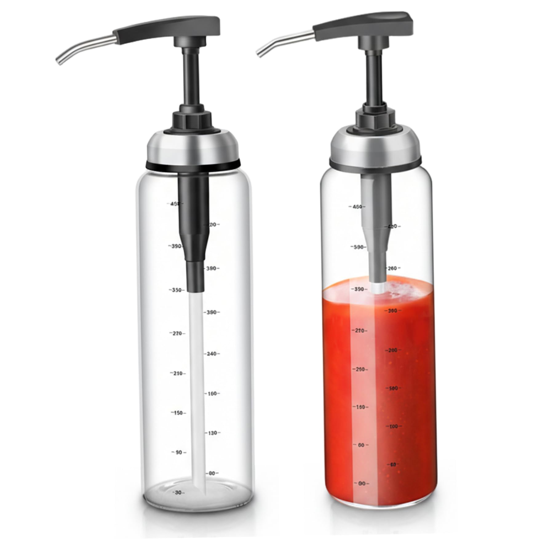 Aetherize 2-Pack Ketchup Dispenser, Glass Dressing Bottle with Measurement Marks for Precise Pouring, No-Drip Sauce Squeeze Bottle for Kitchen, 17oz Ketchup Dispenser