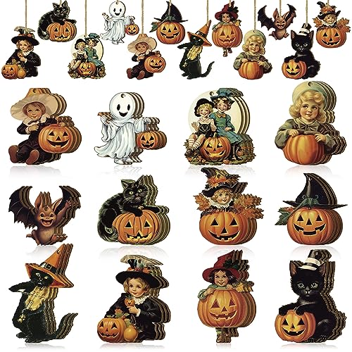 Purpeak 36 Pcs Vintage Halloween Hanging Ornaments Decoration Wooden Pumpkin