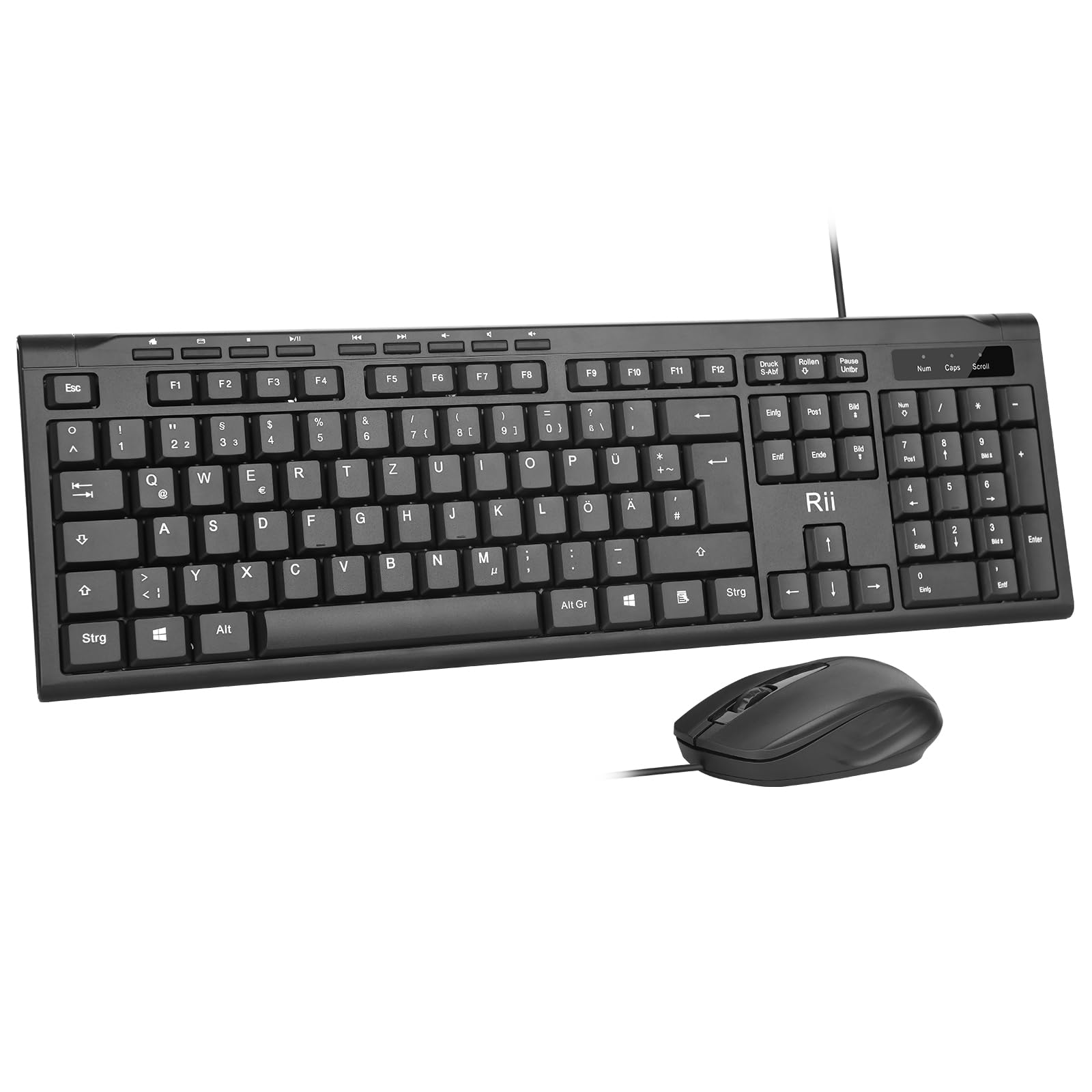 Rii Kabelgebundenes Tastatur-Maus-Set, PC Tastatur mit Kabel, Spritzwassergeschützt, Ergonomisch, USB-Anschluss, PC/Laptop, Windows/macOS, Büro/Schule - Deutsches QWERTZ Layout, Schwarz