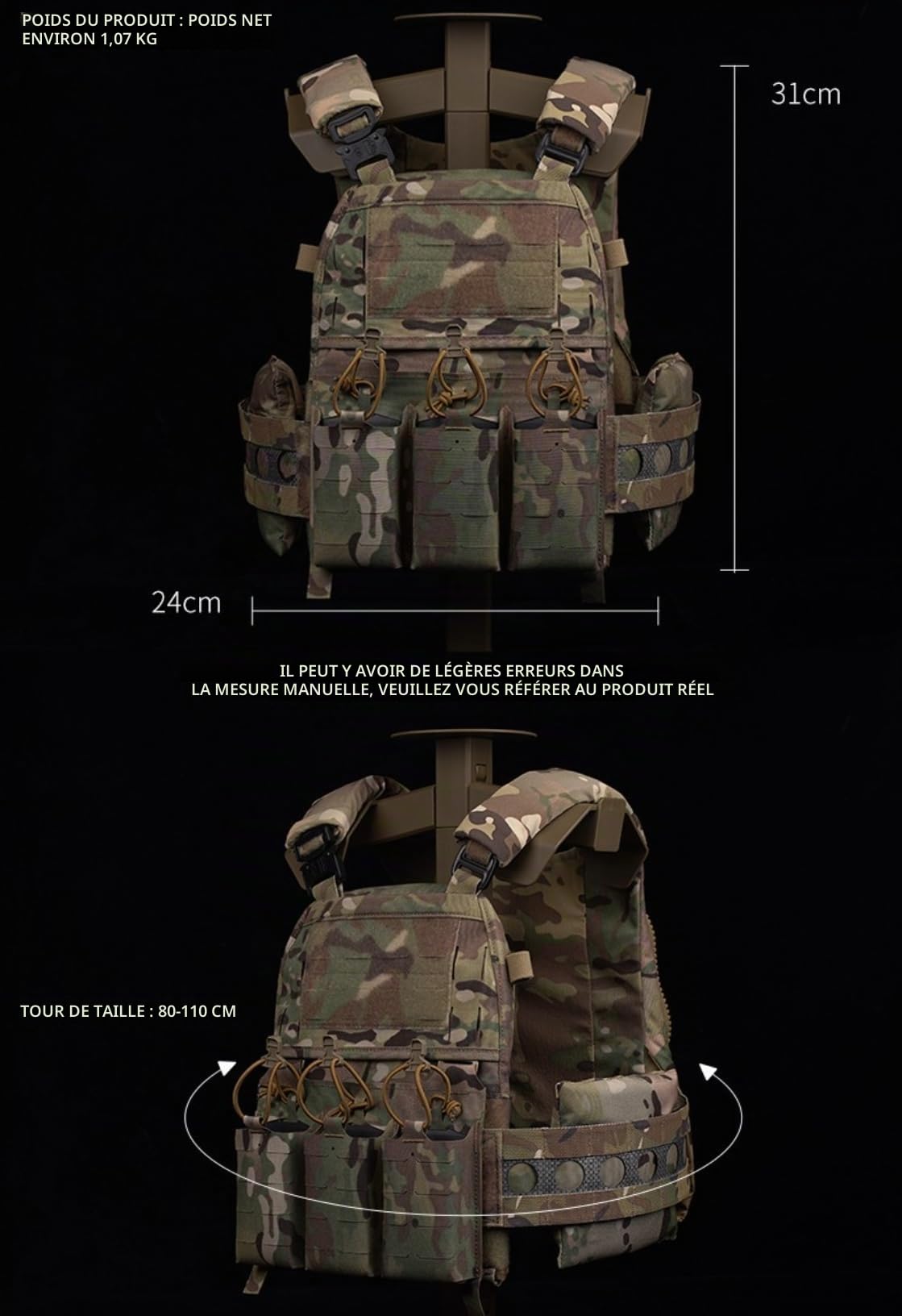 Peminkoo Gilet Tactique V5 FC.PC Gilet Tactique Systèmes Molle Triple Pochette pour Chargeur