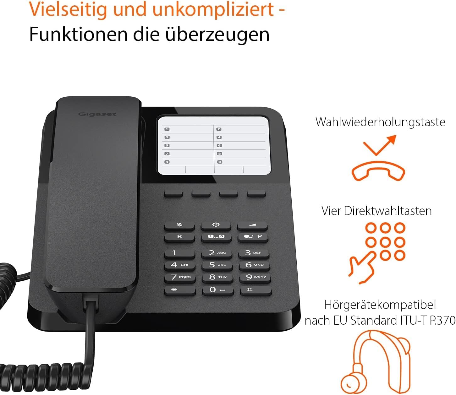 Gigaset DESK 400 - Schnurgebundenes Telefon mit elastischem Kabel - Platz für 10 Kurzwahleinträge - Wahlwiederholung - MFV- oder Impulswahl einstellbar, schwarz [Deutsche Version]
