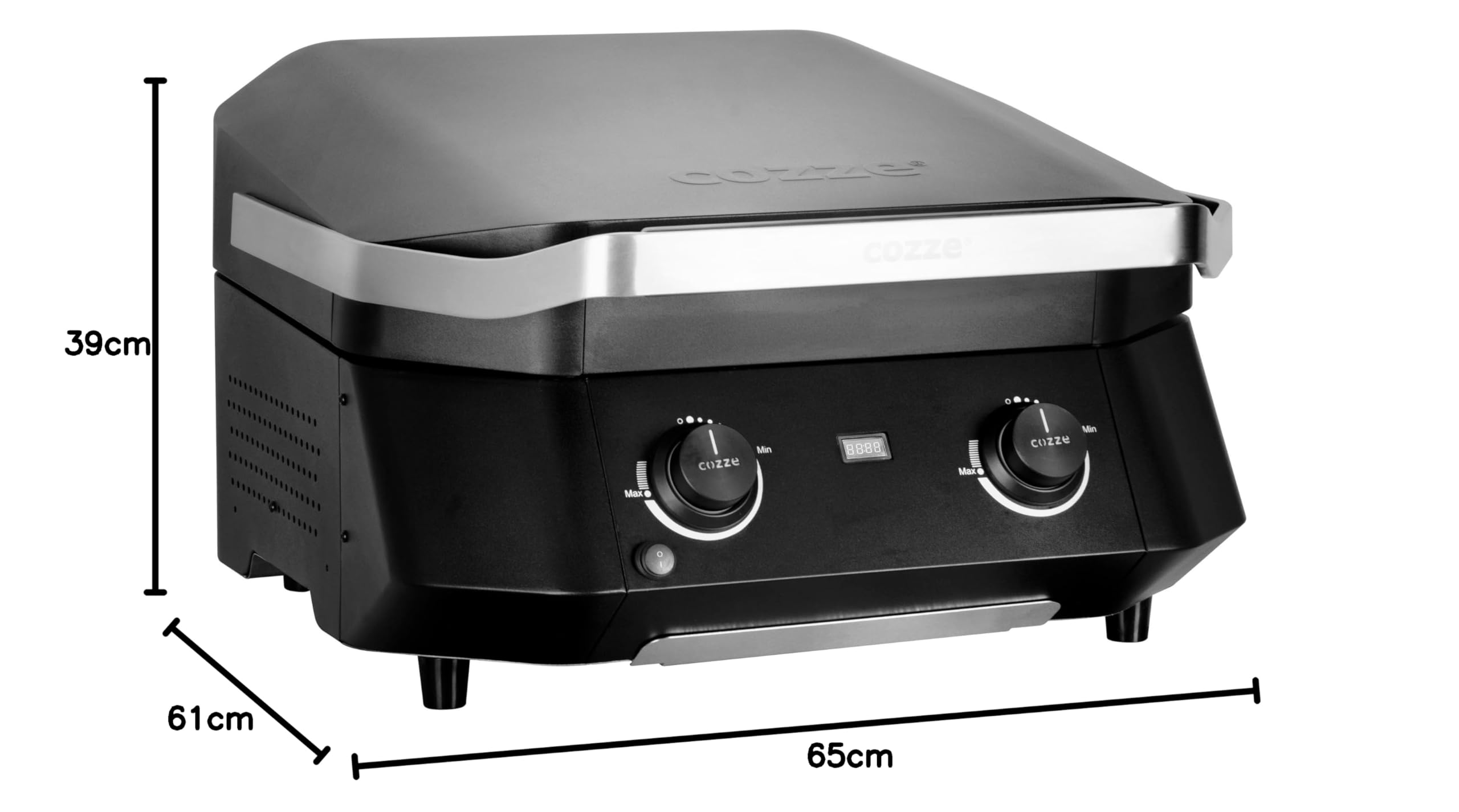 Cozze® E-500 Barbecue elettrico 2 zone – 2100 W, 230 V, area 51 x 39 cm, termometro digitale, 2 resistenze inox SS430, manopola LED, vaschetta raccogli-grassi, fino a 400°C