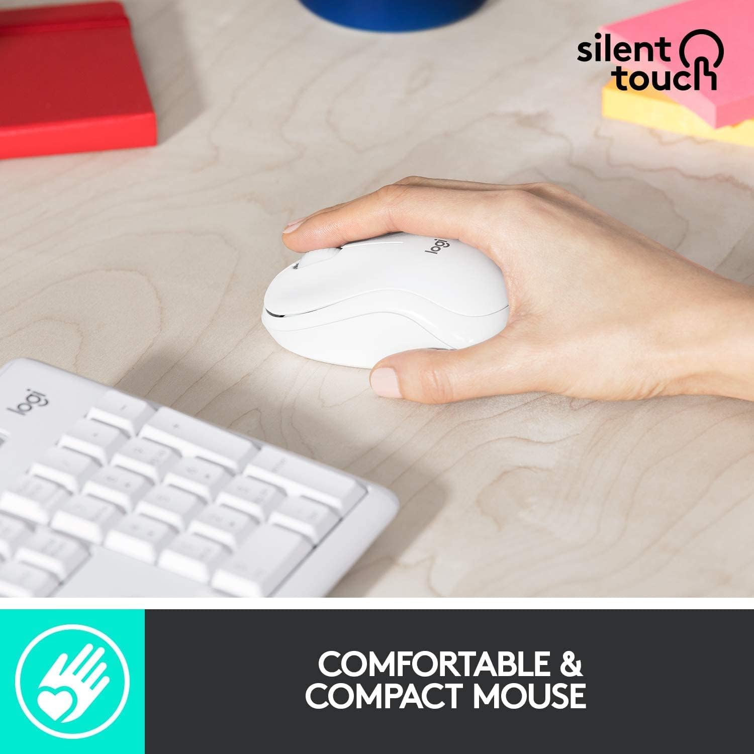Hand using the Logitech MK295 mouse, emphasizing its comfortable and compact design