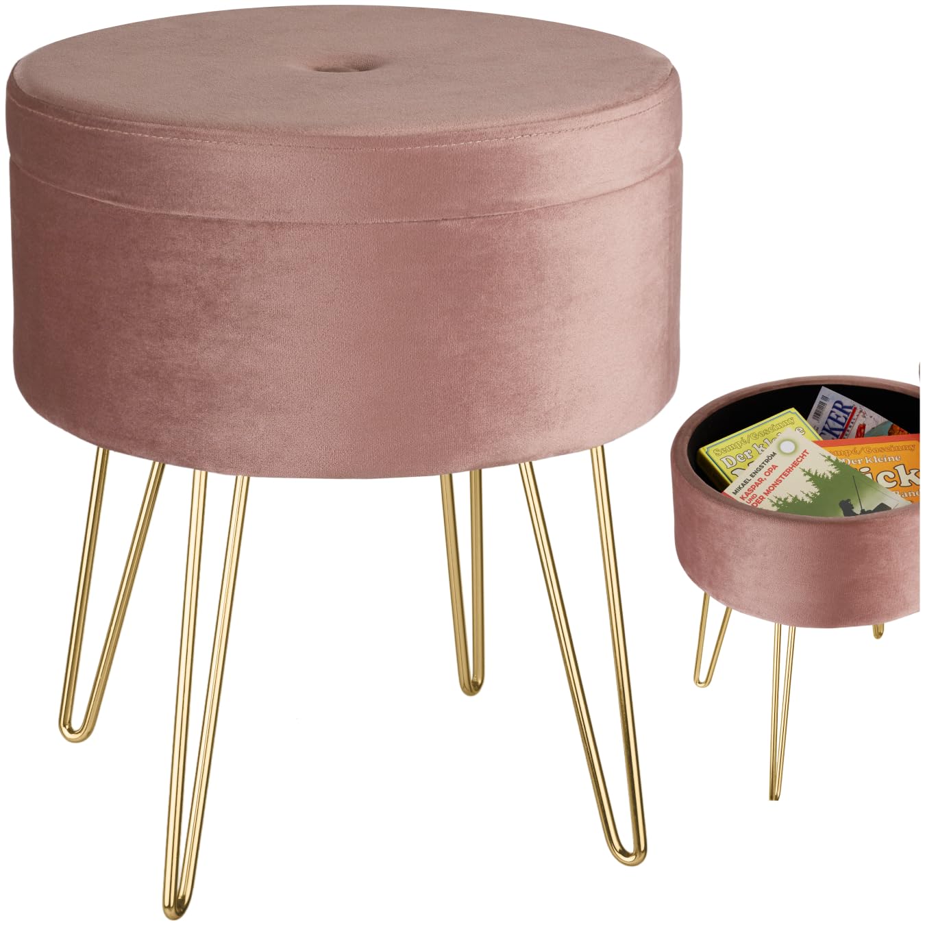 TecTake® Elegant Velvet Round Stool with Storage Space, Load Capacity 300 kg, Bedroom Auxiliary Furniture, Living Room Pouffe, Bedroom Stool, Storage Pouffe – Fuchsia