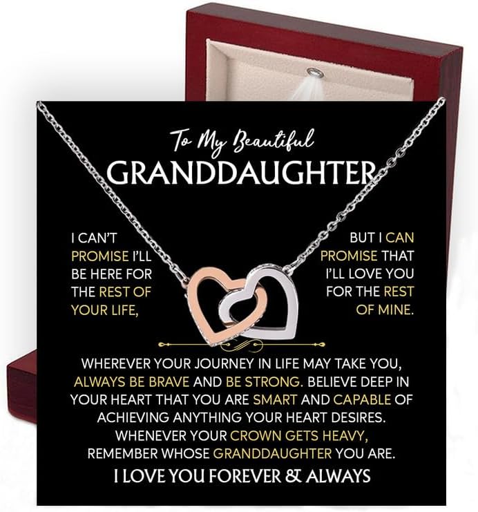 To My Granddaughter Interlocking Heart Pendant, Meaningful Jewelry With Heartfelt Note from Grandma And Grandpa, Inspirational Message Card, Holiday Birthday Graduation Christmas Gift In Box