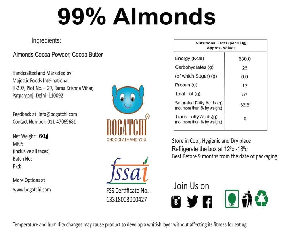 Image of BOGATCHI Premium 99% Dark Chocolate with Almonds, 60g | Intense Real Cocoa Dark Chocolate Bar | Rich Antioxidant Gourmet Chocolate | Roasted Almonds | No Artificial Flavours | Indulgent Healthy Snack