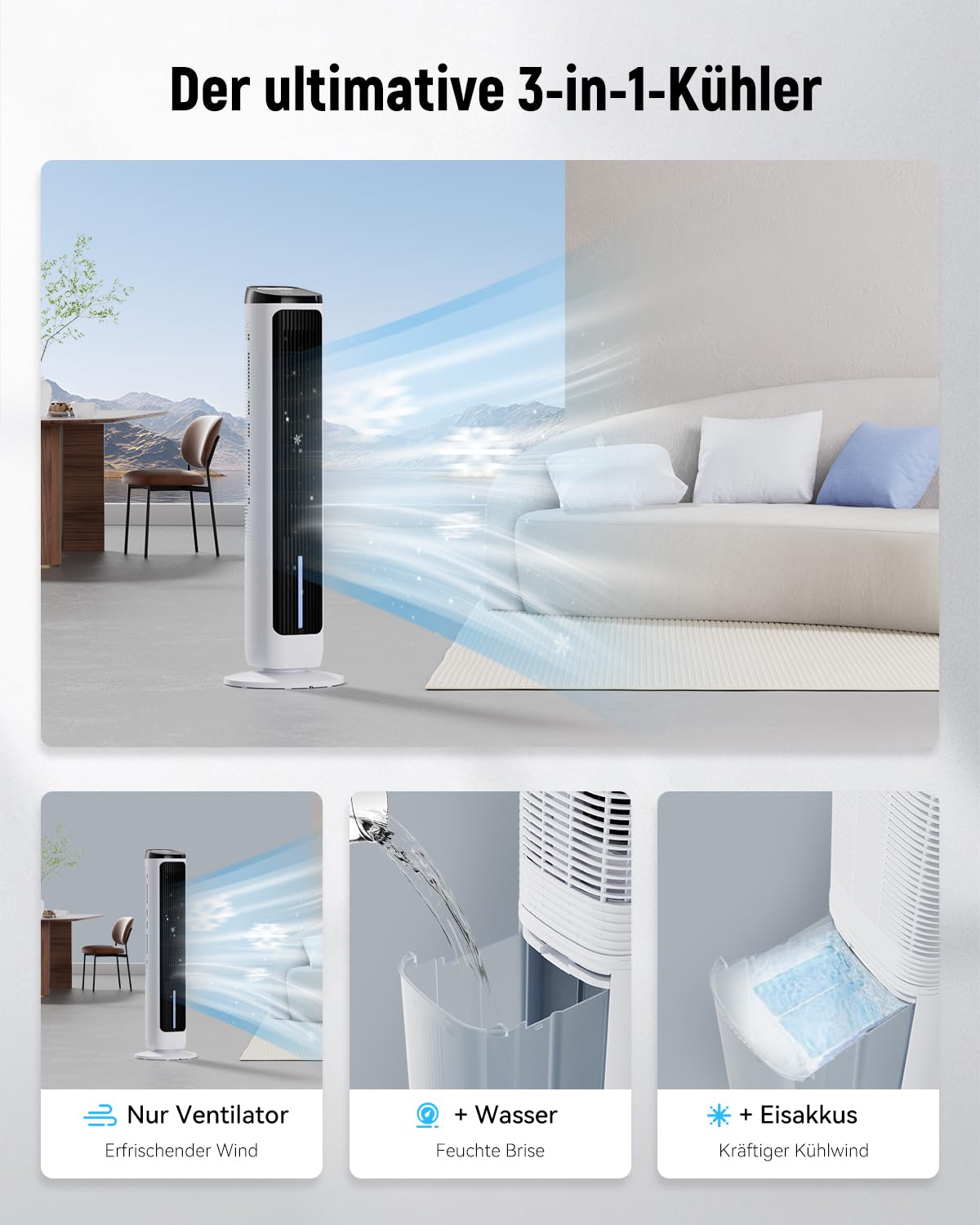 PNTCK Turmventilator mit Wasserkühlung Eispacks, 12H Timer, 4 Modi, 3 Geschwindigkeiten, 80° Oszillation, Tragbarer Luftkühler mit Fernbedienung, Verdunstungskühler für Schlafzimmer, Wohnzimmer