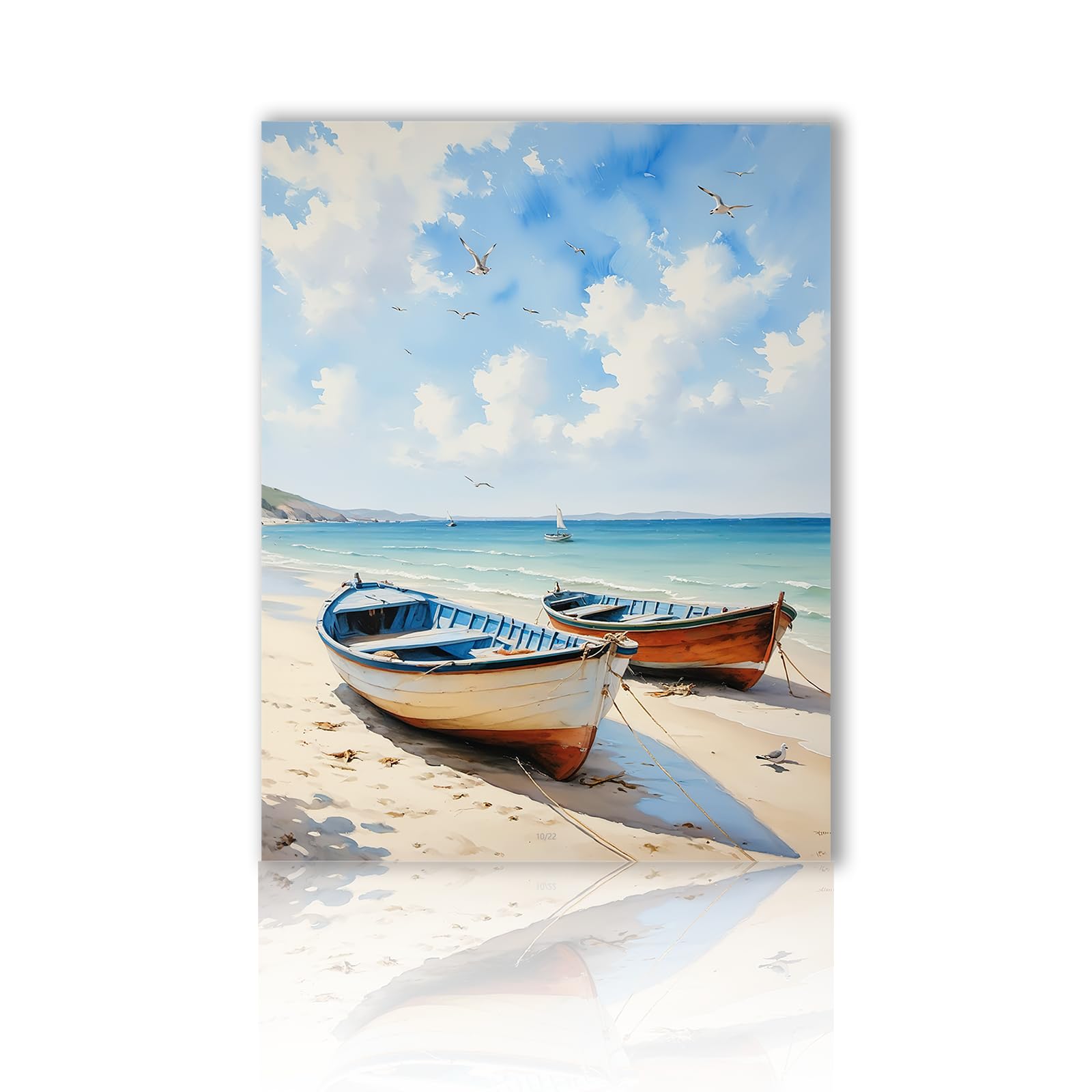 GSJMWD Wall Art, Ocean Seagull Nautical Boat on Beach Blue White Sea Canvas Paintings, Sandy Beach Pictures Artwork, Seashore Poster Prints Home Decor for Bathroom Living Room Bedroom Unframed 40x60cm