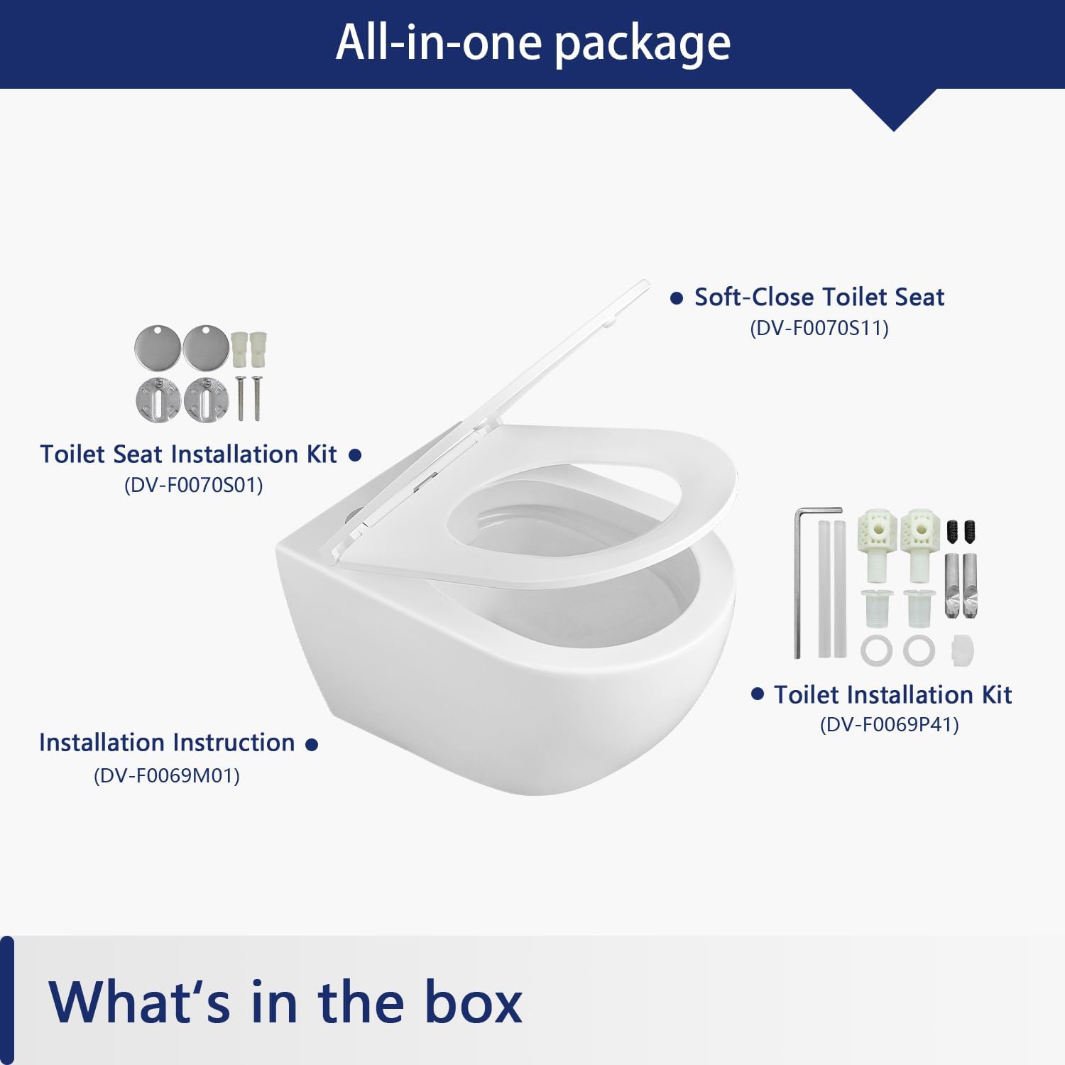 Diagram showing all components included in the DeerValley DV-1F0070 toilet bowl package: toilet bowl, soft-close seat, toilet seat installation kit, toilet installation kit, and installation instructions.