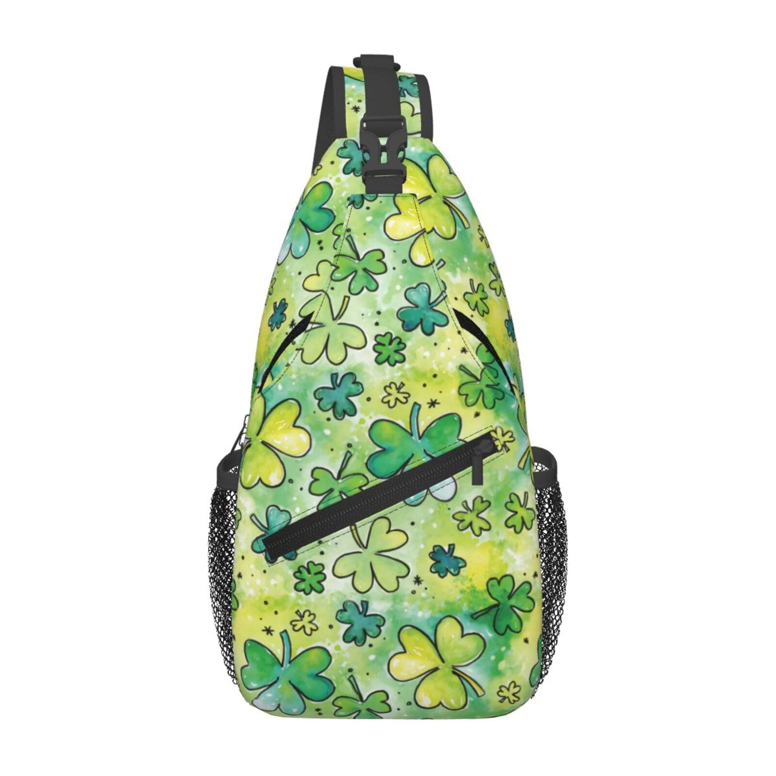 Krirteh St Patricks Day Shamrock Sling Bag For Women Men Adjustable Crossbody Chest Bag Irish Clover Shoulder Bag Sling Backpack Green Daypack For