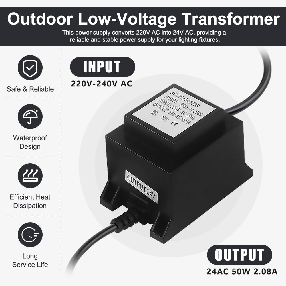 Transformador 220V a 24V, AC/AC 15W Transformador, IP68 Impermeable, Fuente Alimentacion con Enchufe, Fuente Alimentación 24V para Iluminación LED y Bombas de Estanque