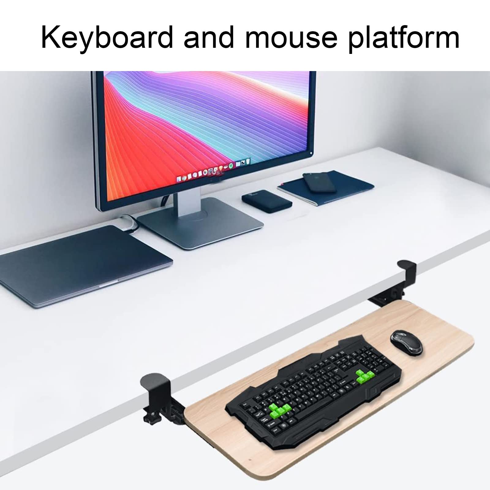 Bandeja deslizante para teclado, estante de madera para teclado con abrazadera, soporte extraíble debajo del escritorio, solución de almacenamiento adicional para oficina en casa, diseño para escribir