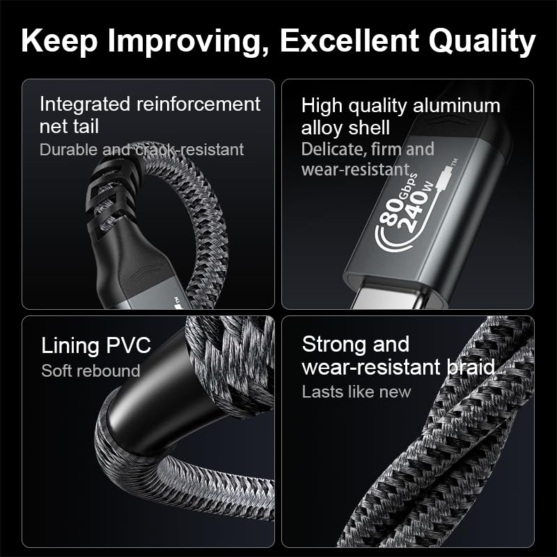 Image of USB 4 Cable 6.6FT for Thunderbolt 5 Cable 80Gbps, up to 120Gbps Bandwidth for Dual 8K, 240W PD 3.1 Charging, Braided USB C Video Cable Compatible Thunderbolt 4 /5, SSD,MacBook M4 Pro,Dock,eGPU