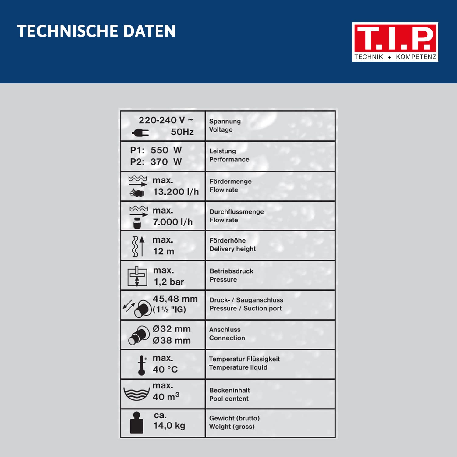 T.I.P. Zestaw filtra piaskowego z prefiltrem, do basenów 40 m³, wydajność 13 200 l/h, wysokość 12 m, zawór 4-drożny, zbiornik: 25 kg piasku / 700 g kulek SPF 370 F