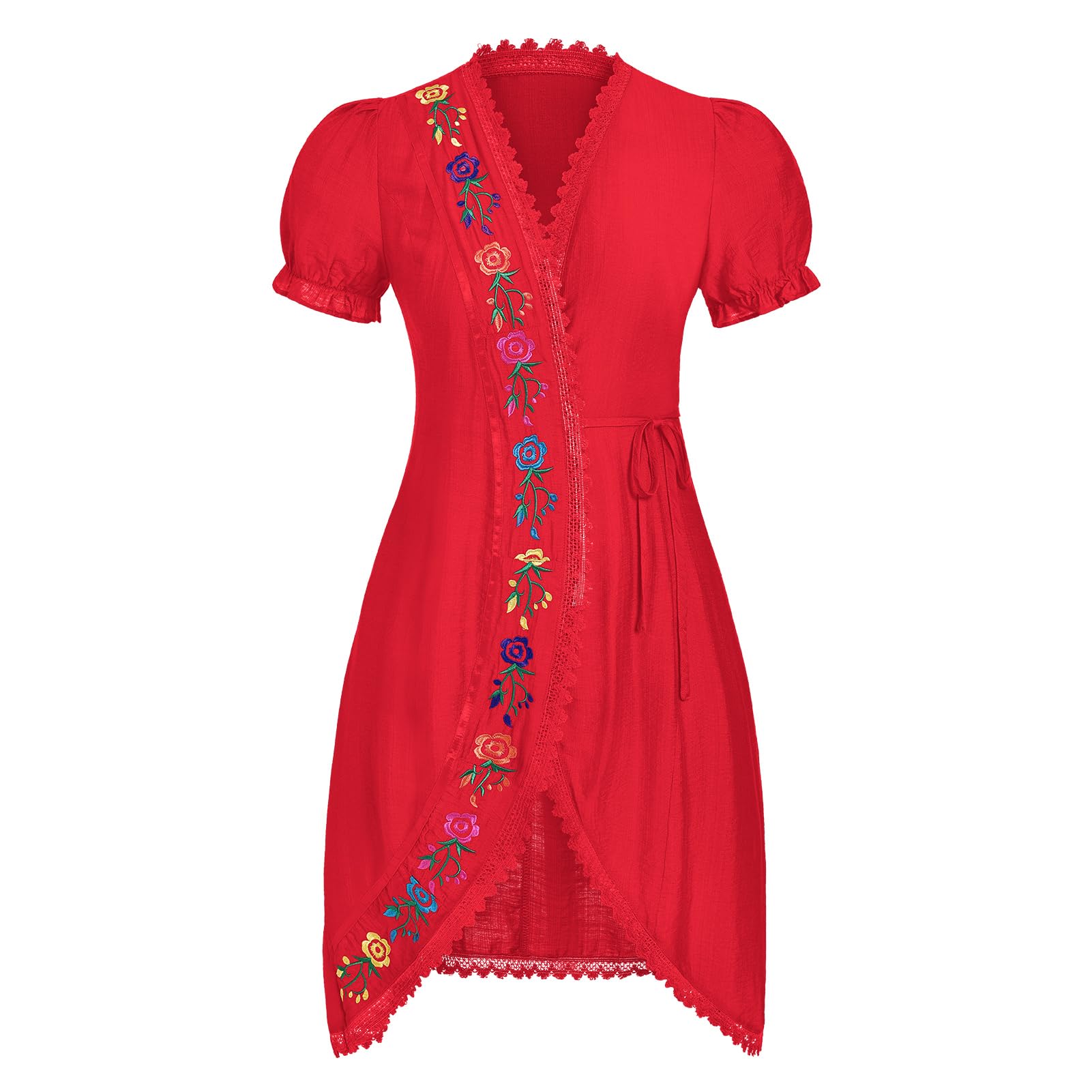 Photo 1 of ABEHIK Mexican Dress for Women Traditional Embroidered V Neck Short Sleeve Tie Side Wrap Dresses Cinco De Mayo Fiesta Party Outfit Halloween Day of the Dead Dance Costume Red S