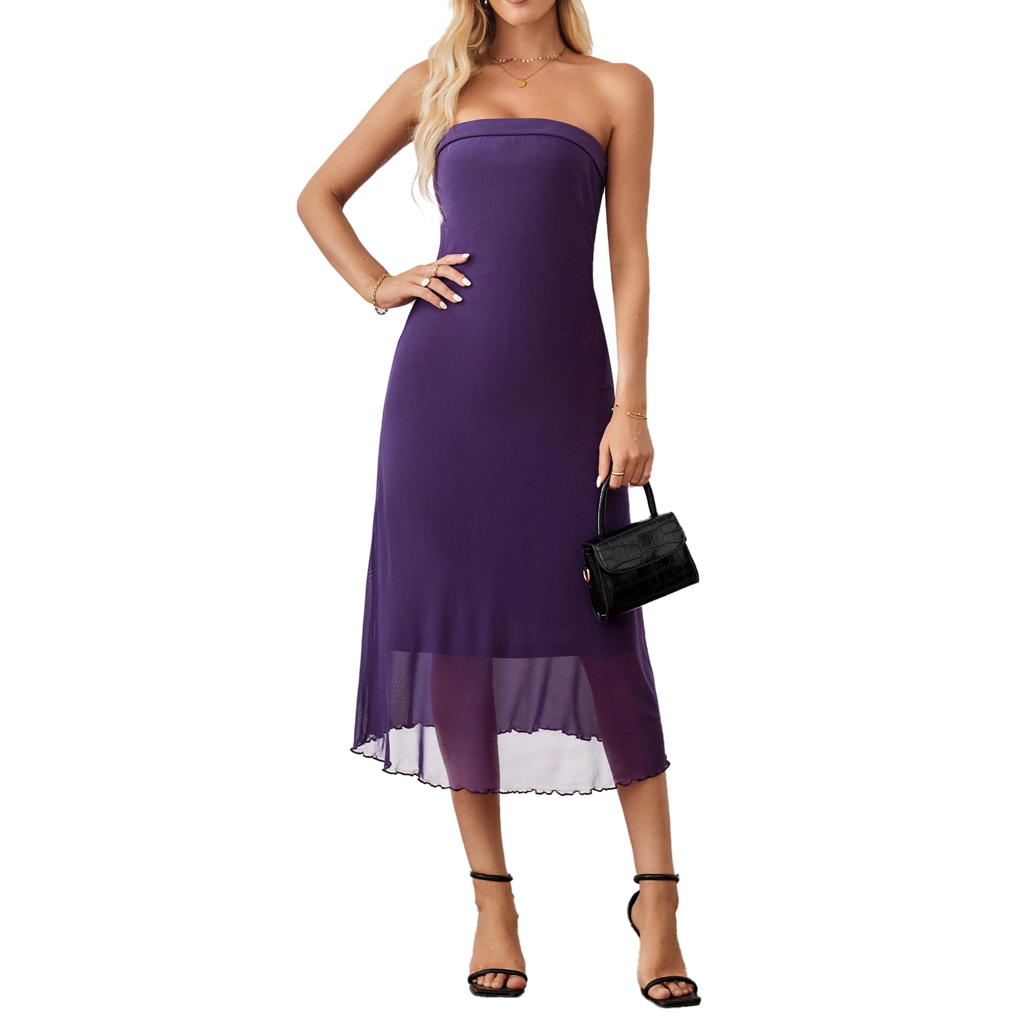 Women's Summer Bodycon Midi Tube Dress Strapless Mesh Casual Elegant Party Cocktail Dresses
