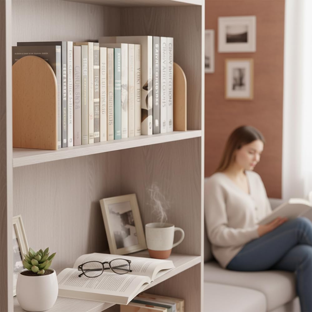 Sujetalibros de Madera, 2 Aguanta Libros, Sujetalibros de Haya Soporte para Estantes, Sujeta Libros Estanteria Antideslizantes, Separador de Libros Apoya Libros Bookends (10.5x12x17cm)