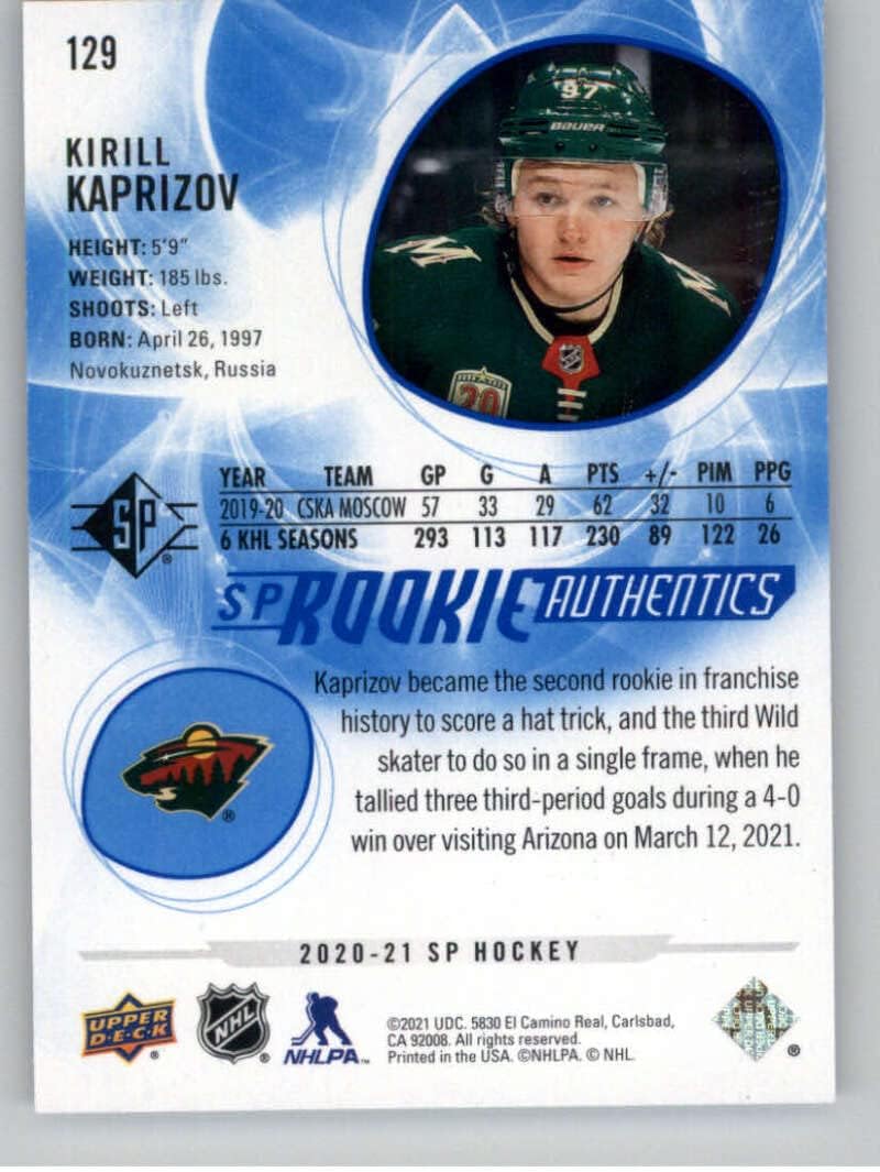 2020-21 Upper Deck SP Blue #129 Kirill Kaprizov RC Rookie Card Minnesota Wild Rookie Authentics Official NHL Hockey Card in Raw (NM or Better) Condition