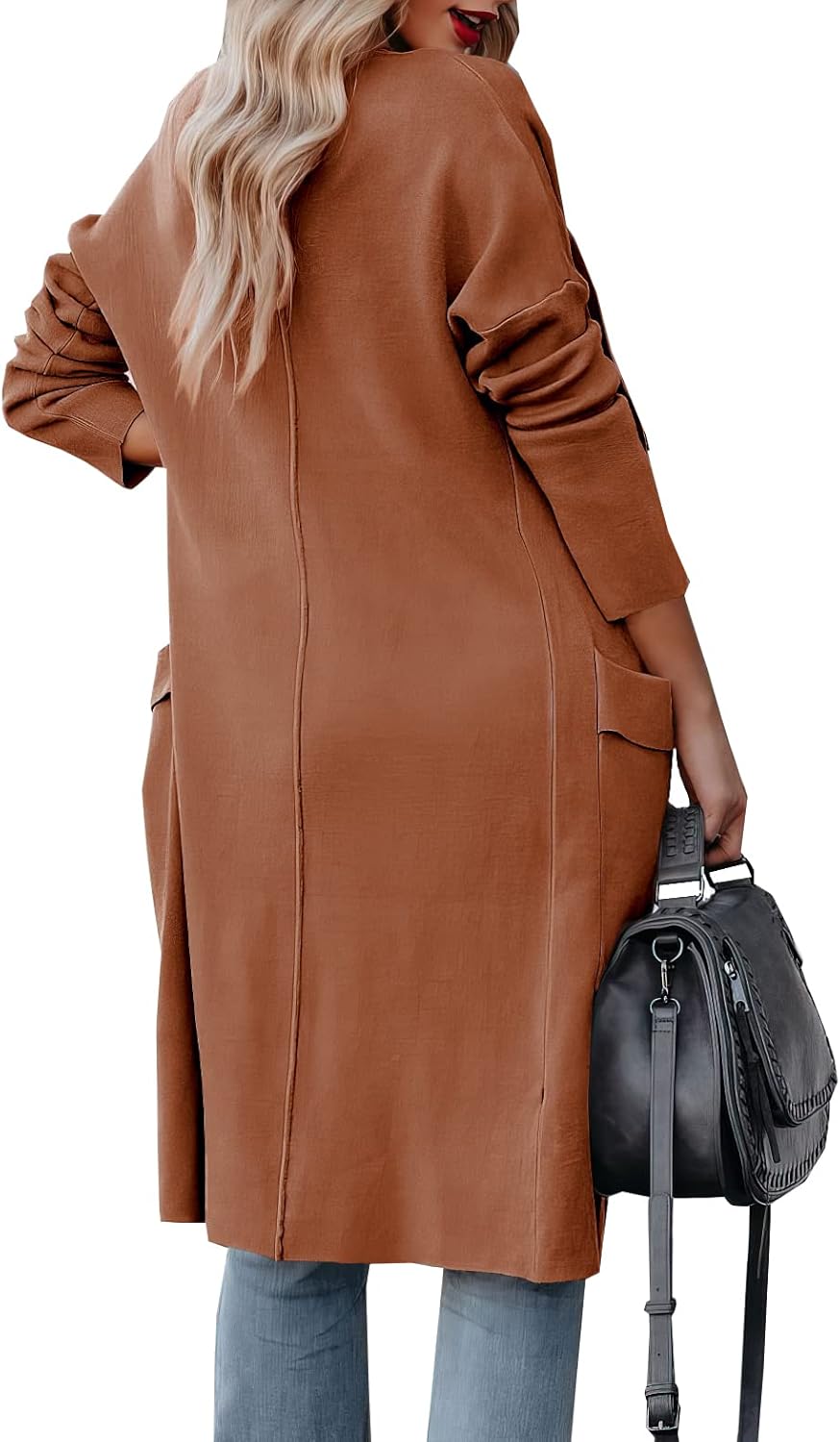 kinstell Women's Casual Long Sleeve Open Front Knit Draped Long Cardigan Jackets Sweater Coat with Pockets - Image 2