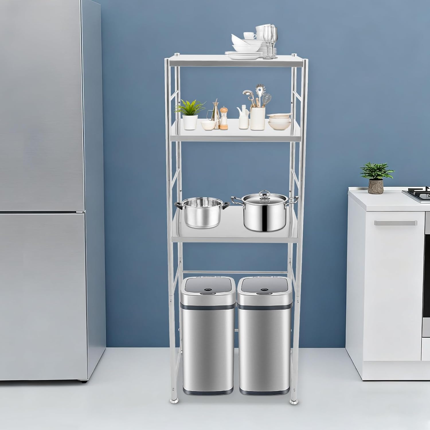 Stainless Steel Shelf, 3 Tiers Free Standing Shelves for Storage, Stainless Steel Shelves with Adjustable Plate, Modern Storage Rack for Kitchen, Garage, Warehouse