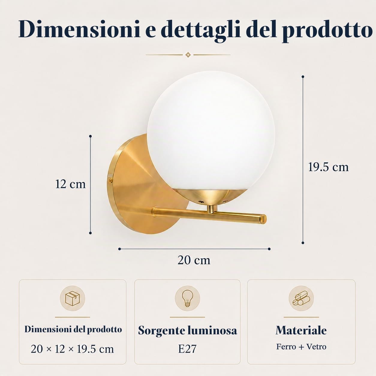 ZMH lampada da parete per interni bagno - lampada da letto oro E27 palla