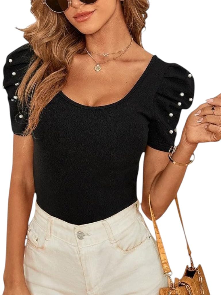 sfoty Women's Black Puff Sleeve Top with Pearl Embellishments-picture-20