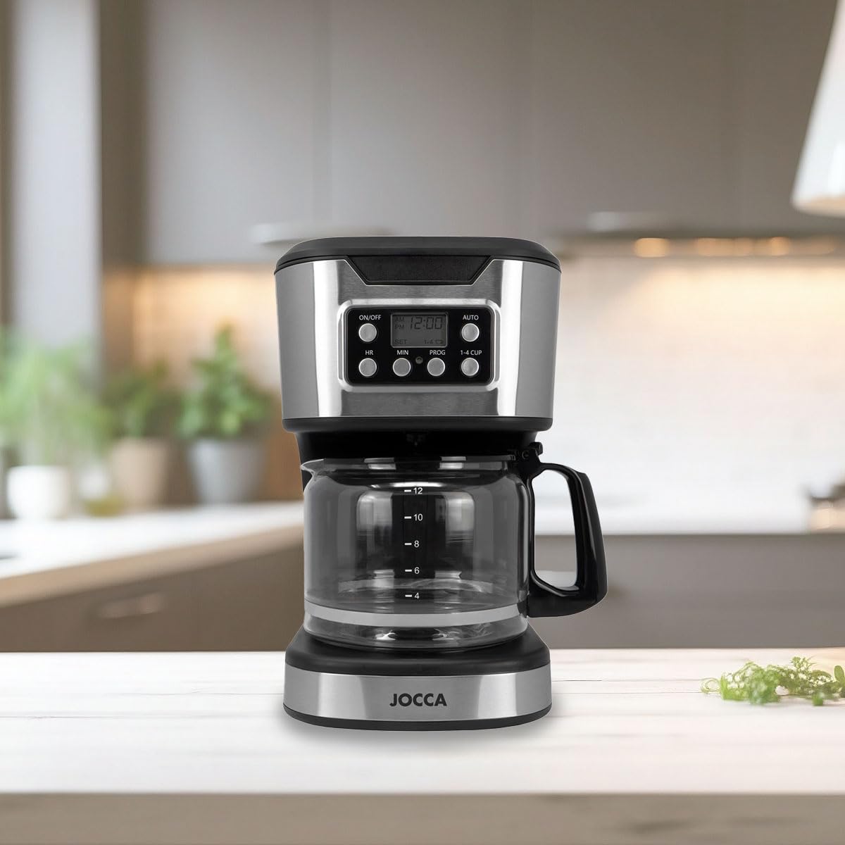 Jocca - Cafetera de Goteo Digital 1500 ml 900W | 12 Tazas | Jarra de Cristal | Filtro Lavable | Placa Calefactora | Temporizador | Función Pausar y Servir