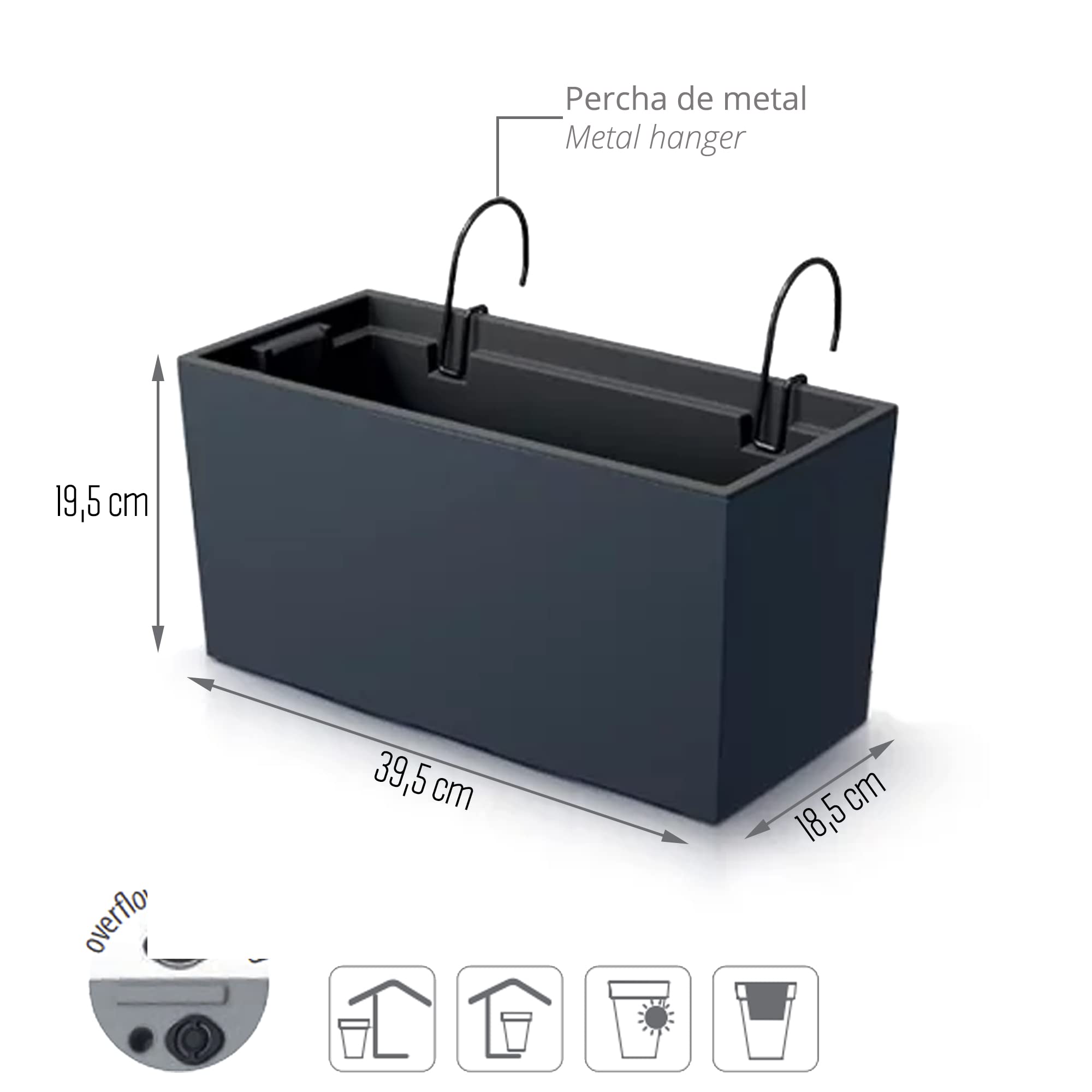 Maceta urbi case w , dimensiones (mm) 395x185x195, color antracita